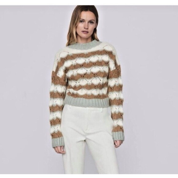 Zara Striped Pointelle Knit Alpaca Wool Blend Sweater Women’s S/M Ivory Tan Sage - Picture 2 of 7